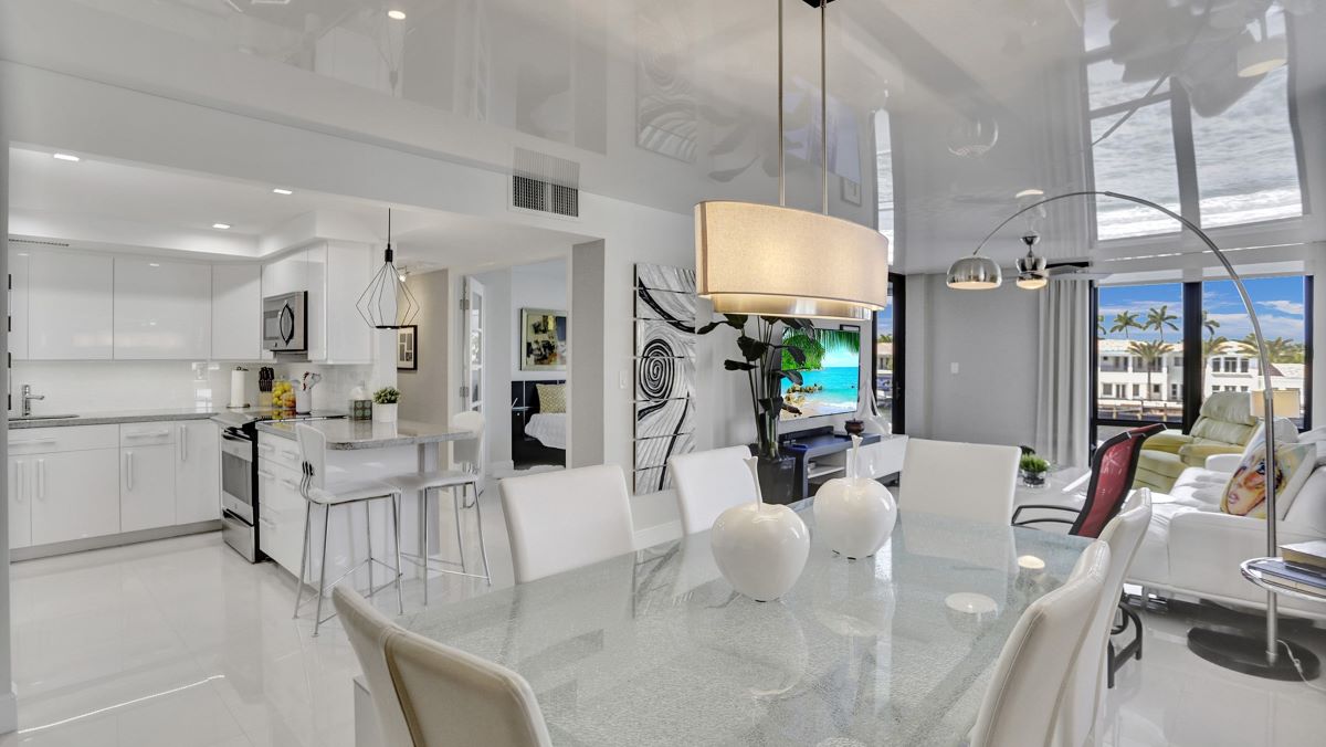 Kitchen and family room in condo with view of the intracoastal