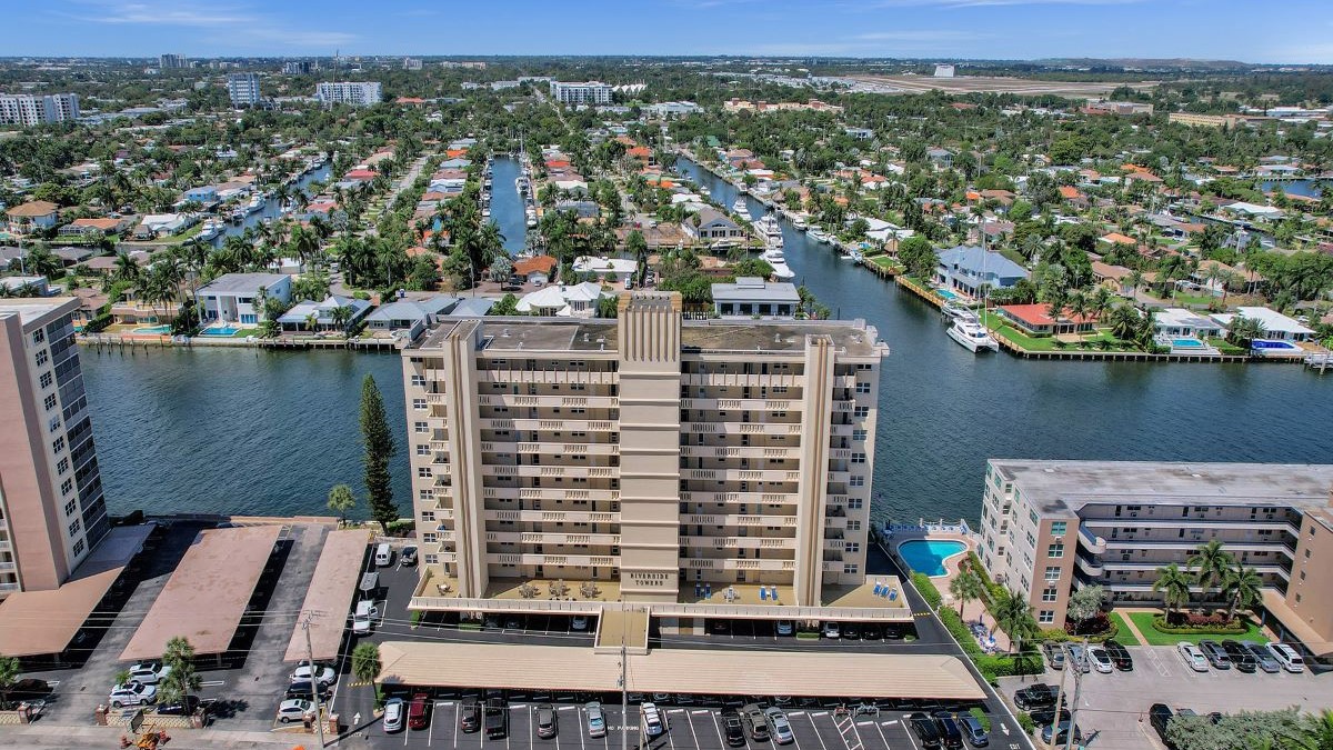 Exterior view of the condo building looking west